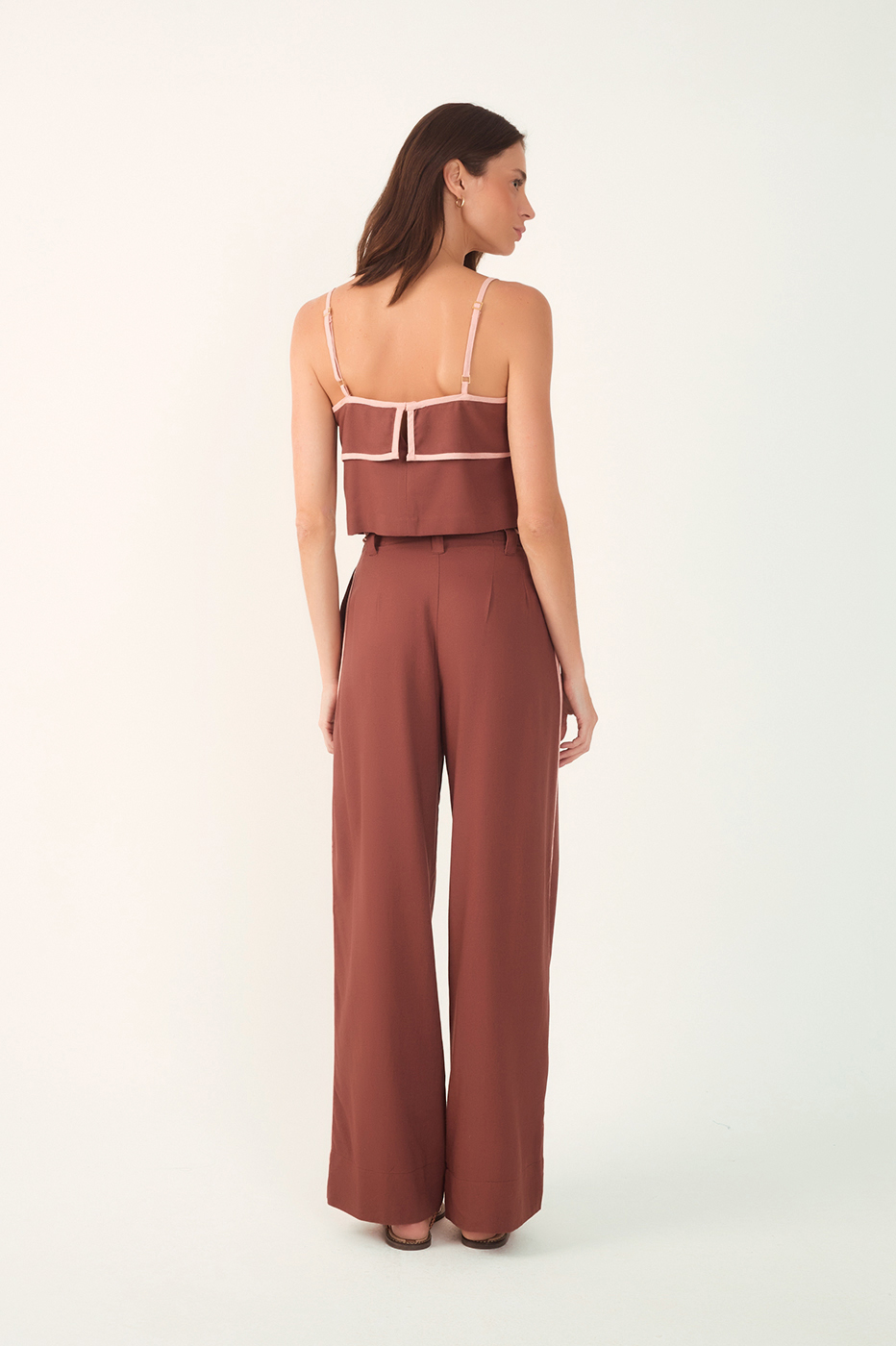 Brown Rope Belt Pockets Pleats Pants