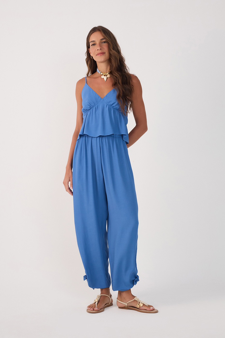 Blue Elastic Waist Cuff Ties Crepe Pants_2