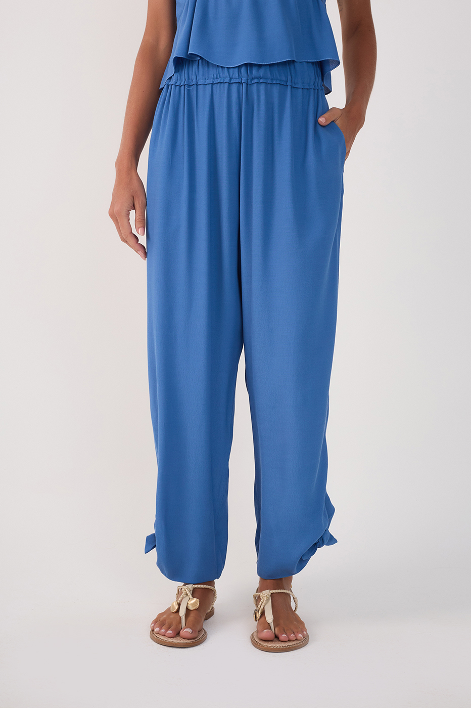 Blue Elastic Waist Cuff Ties Crepe Pants_3