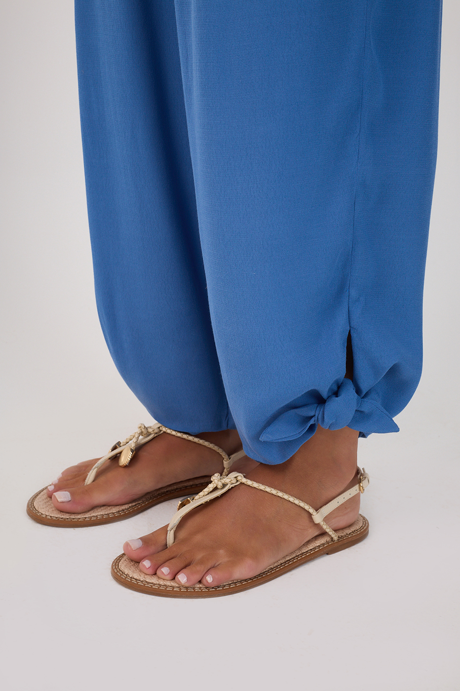 Blue Elastic Waist Cuff Ties Crepe Pants_5