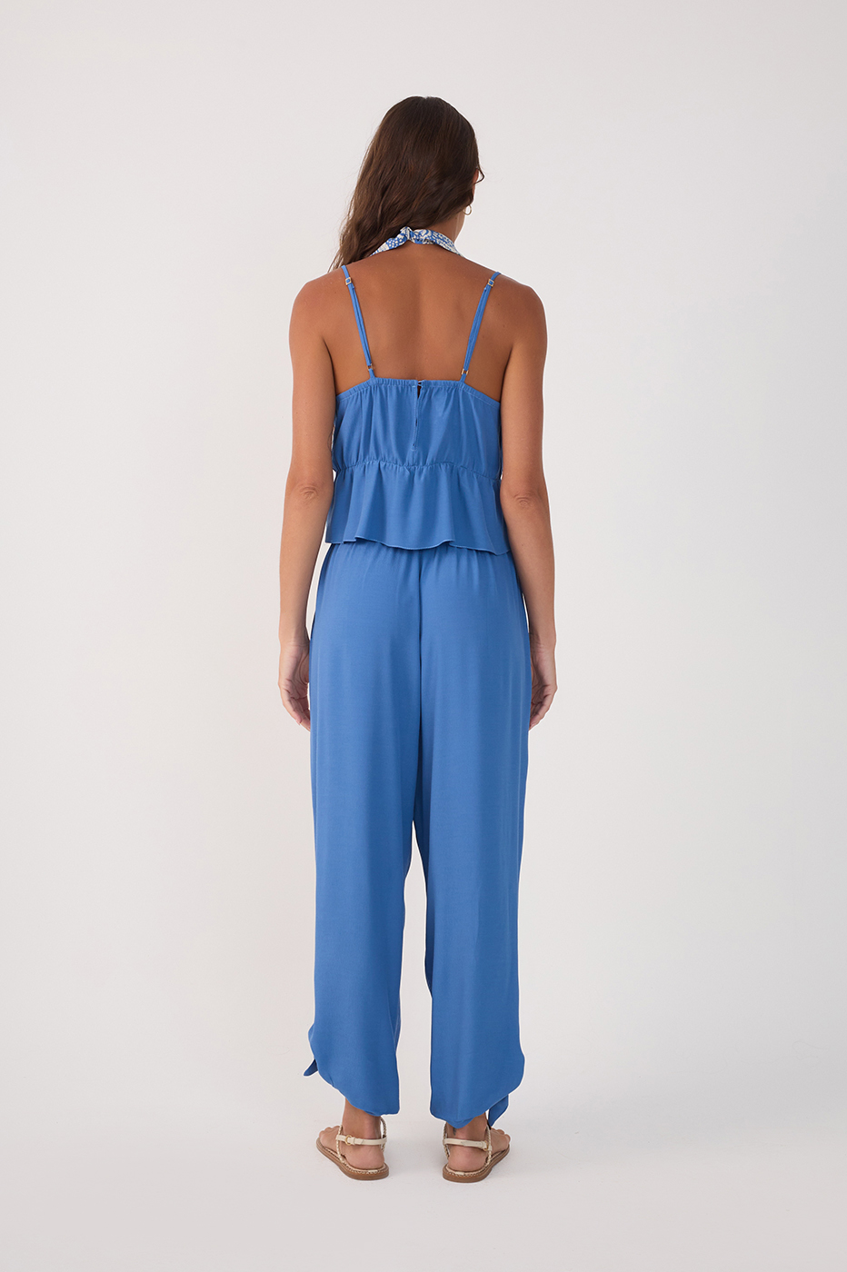 Blue Elastic Waist Cuff Ties Crepe Pants_6