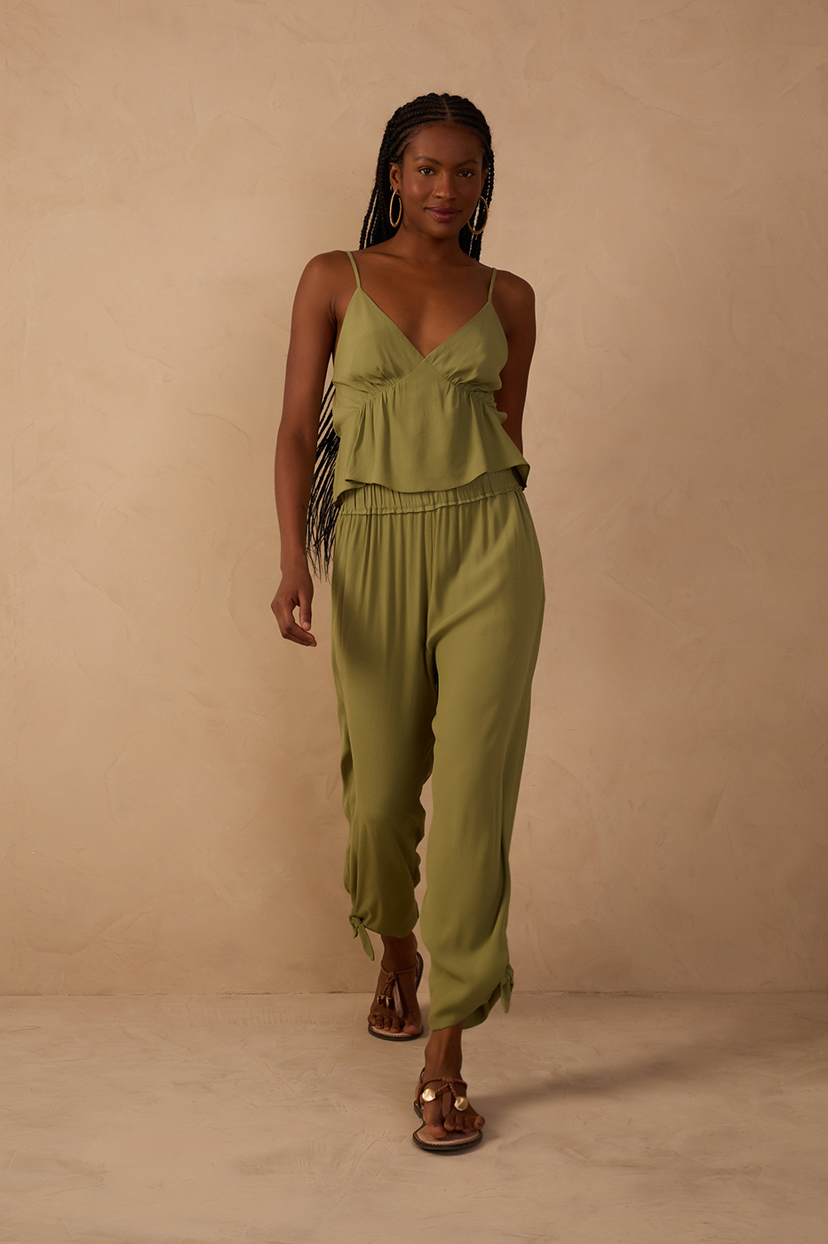 Green Elastic Waist Cuff Ties Crepe Pants_1