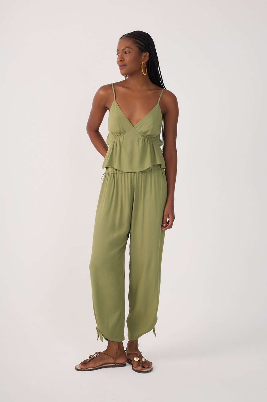 Green Elastic Waist Cuff Ties Crepe Pants_2