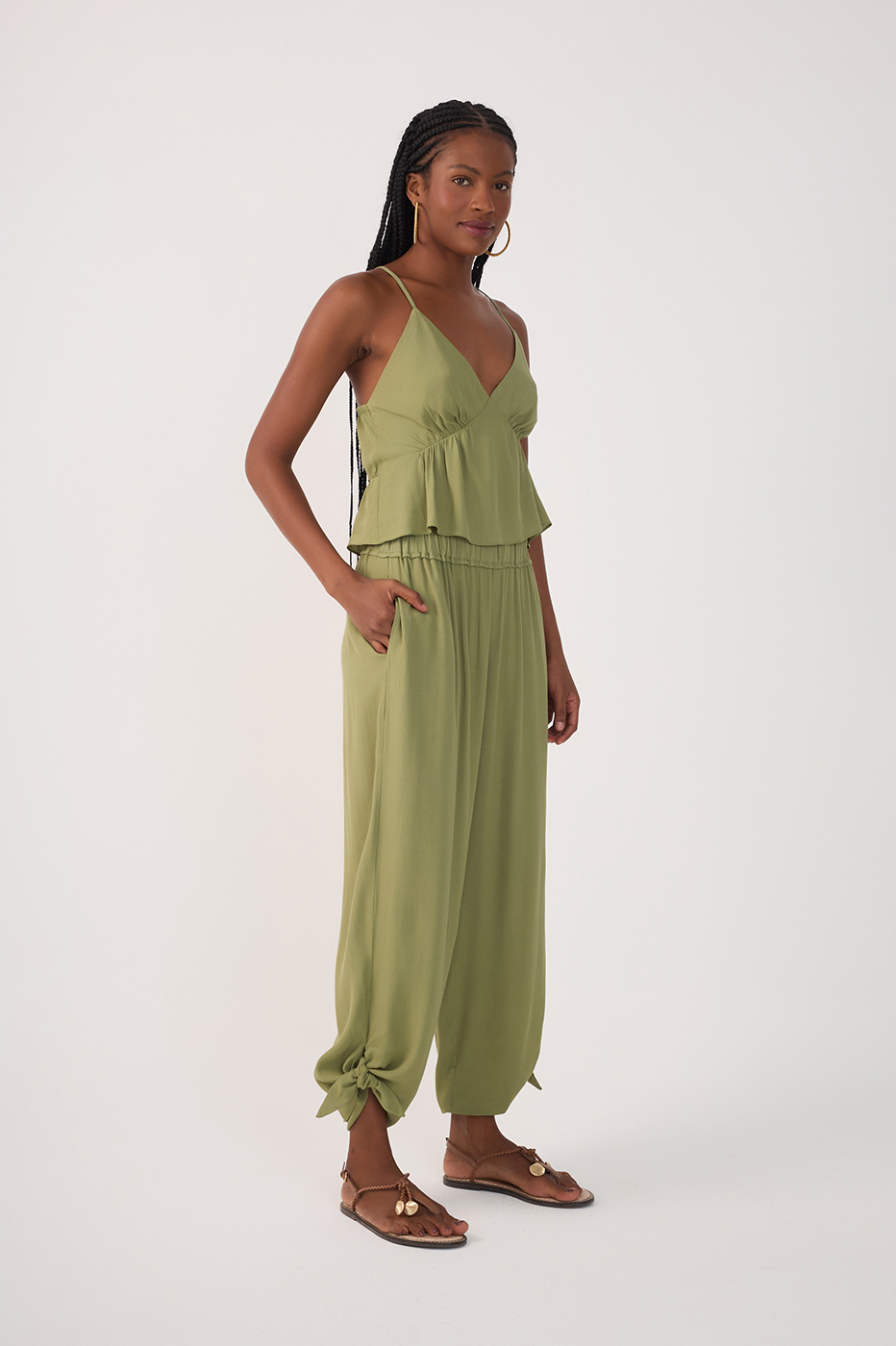 Green Elastic Waist Cuff Ties Crepe Pants_3