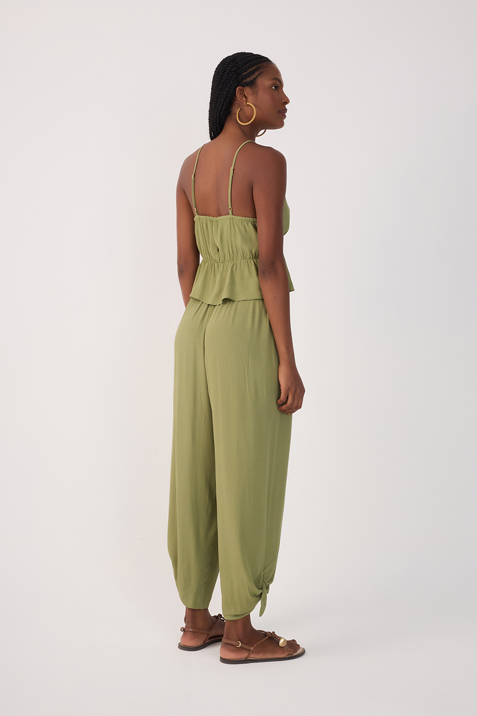 Green Elastic Waist Cuff Ties Crepe Pants