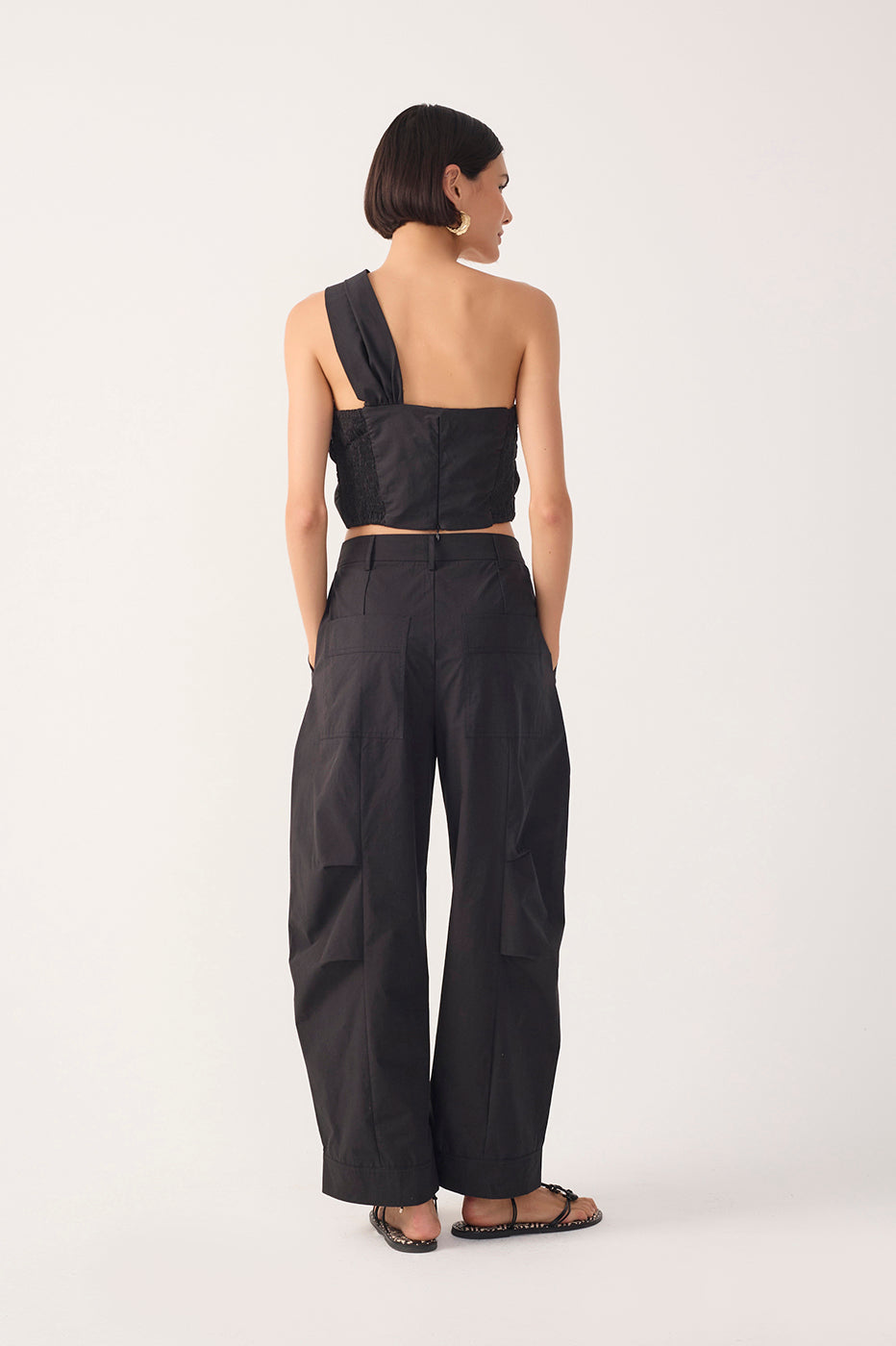 Black Topstitching Pleated Cotton Pants_6