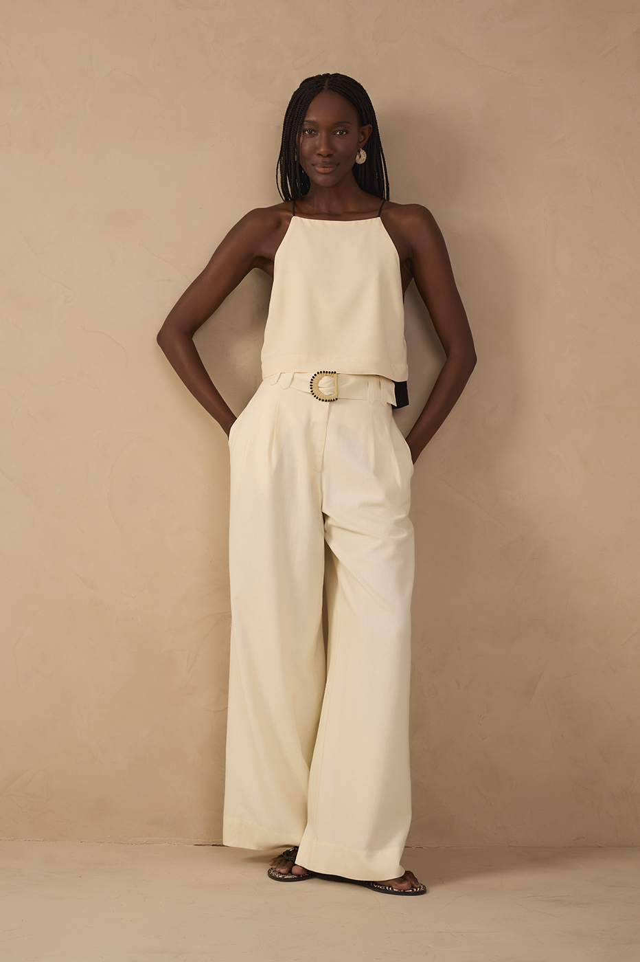 Wide-Leg Linen Beaded Buckle Pants_1