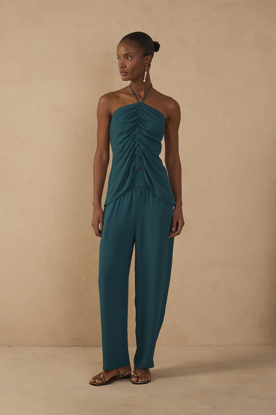 Green Ruched Wide Leg Crepe Pants_1