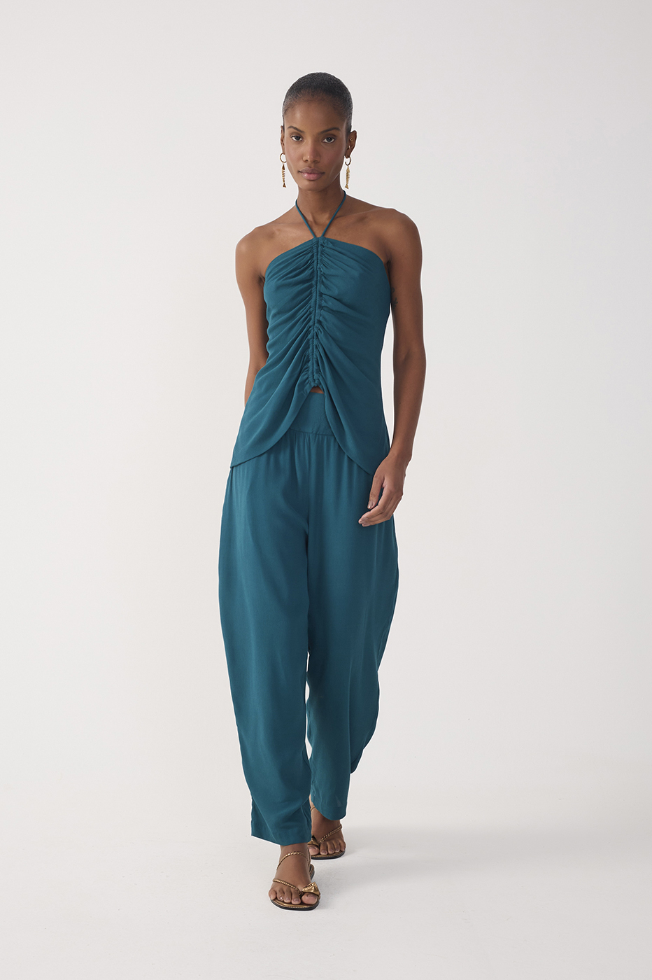 Green Ruched Wide Leg Crepe Pants_2
