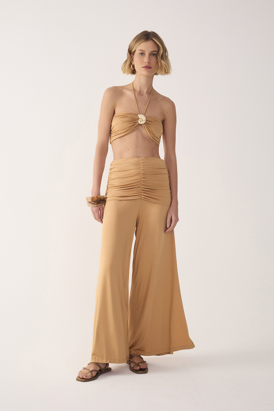 Beige Ruched Jersey Pants_2