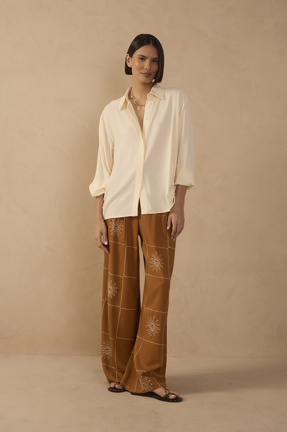 Embroidered Plaid Wide-Leg Linen Pants_1
