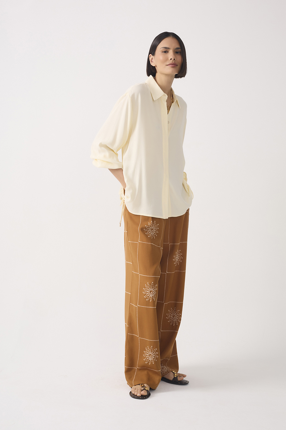 Embroidered Plaid Wide-Leg Linen Pants_3