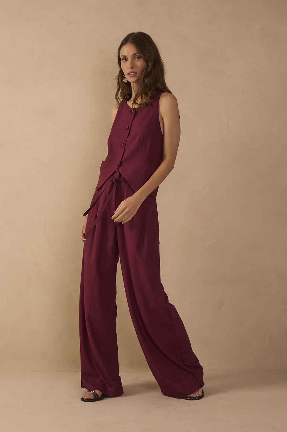 Drawstring Pockets Pleated Wide-leg Linen Pants_1