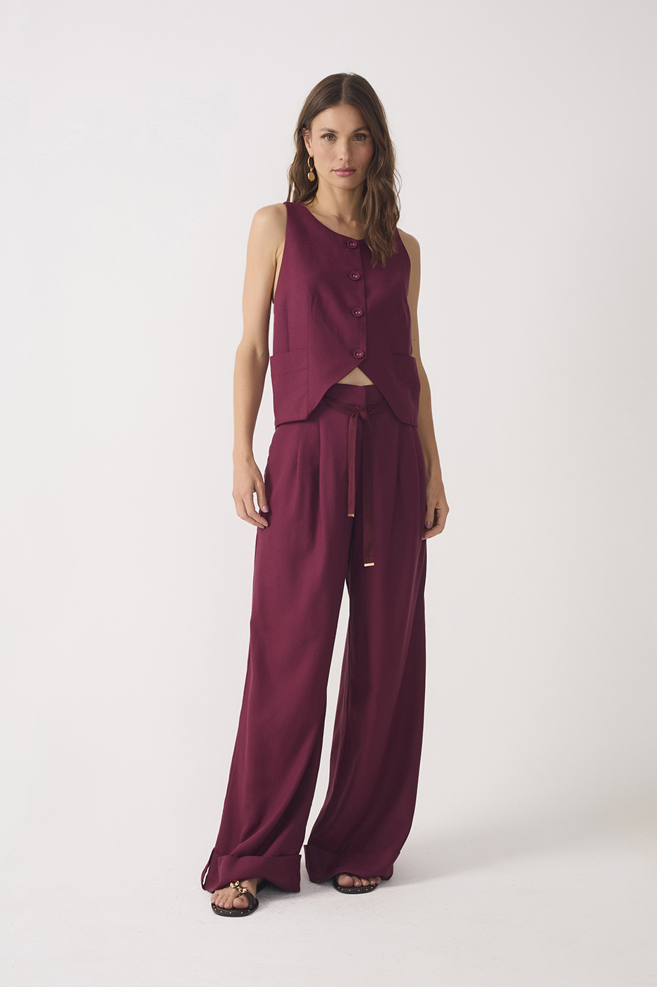 Drawstring Pockets Pleated Wide-leg Linen Pants_2