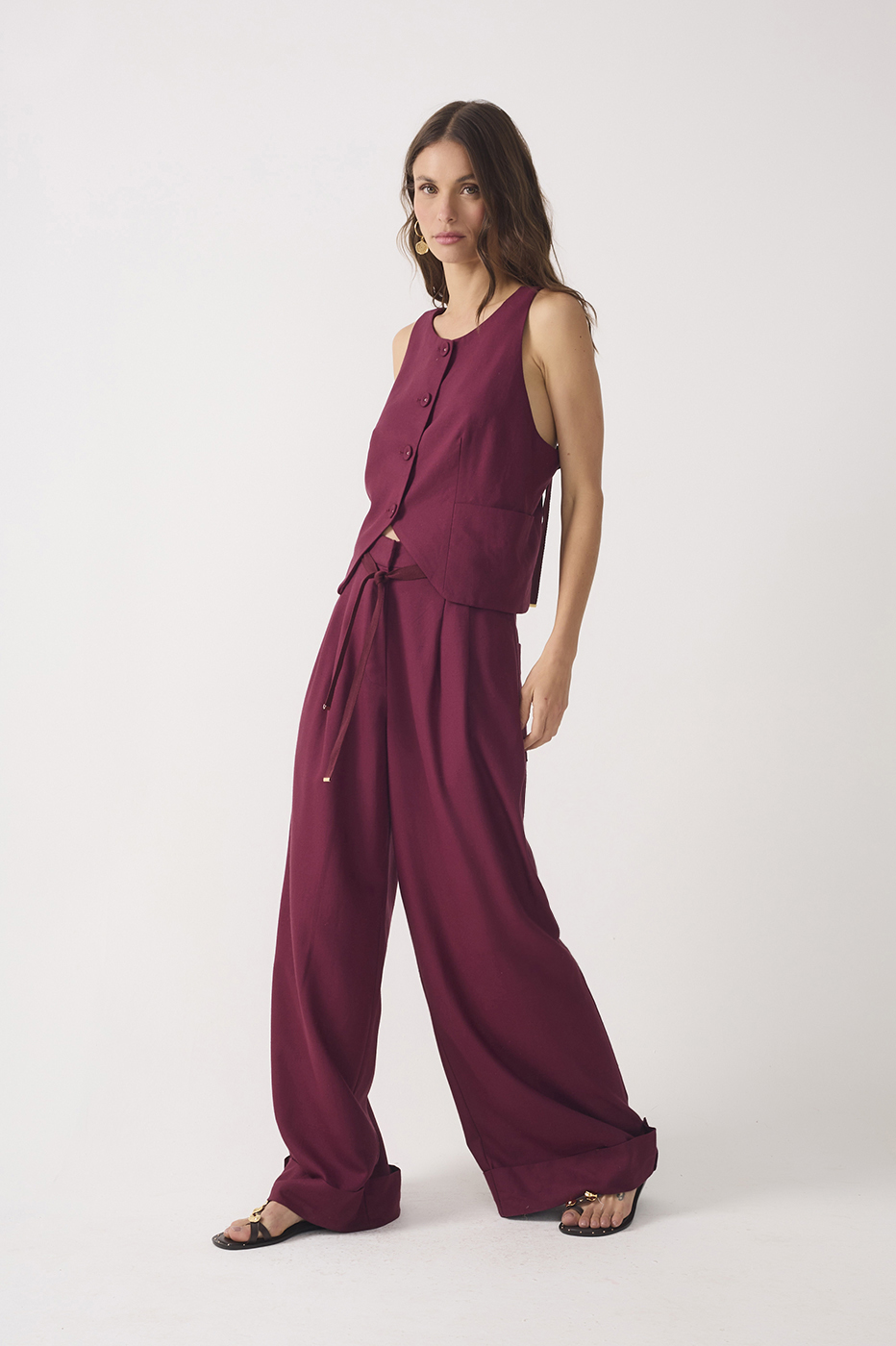 Drawstring Pockets Pleated Wide-leg Linen Pants_3