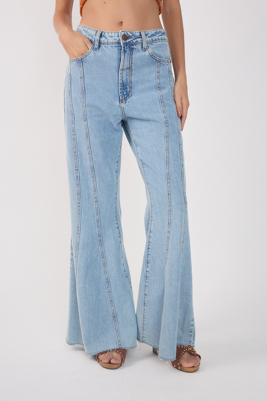Light Denim Seam Details Flared Pants