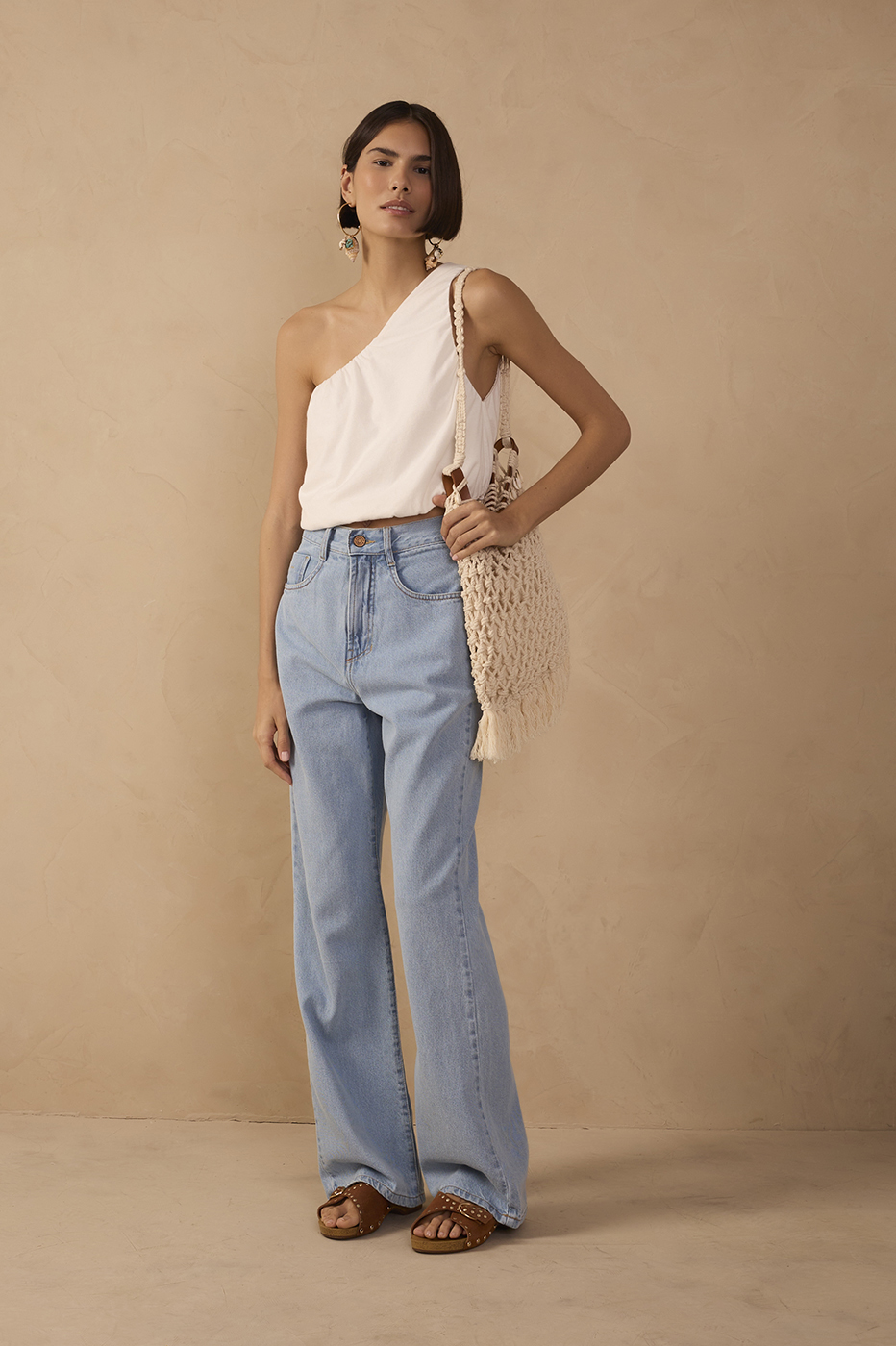 Light Denim Belt Loops Pockets Flare Pants_1