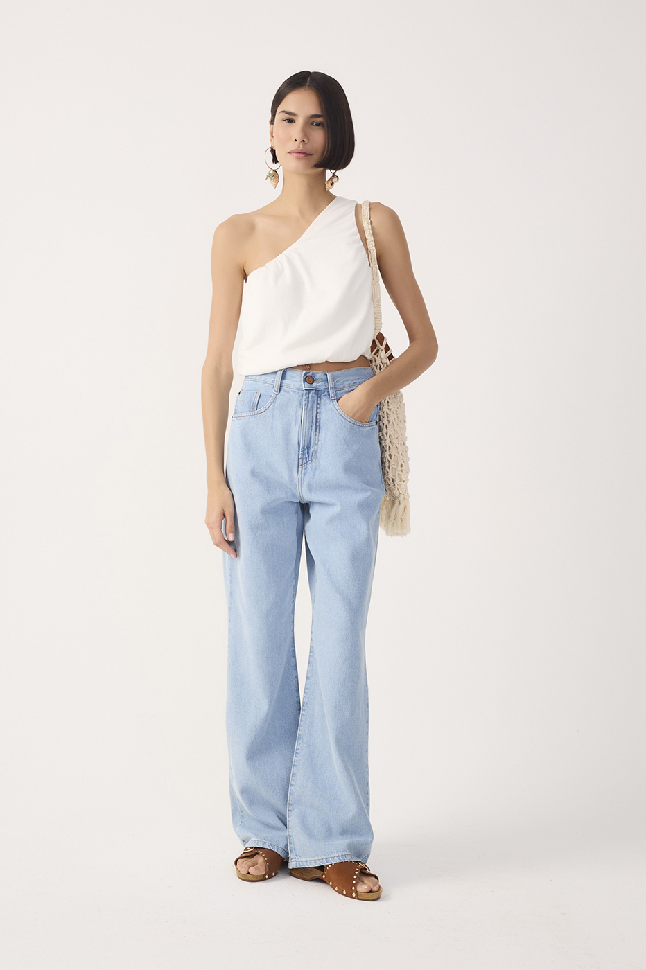 Light Denim Belt Loops Pockets Flare Pants_2