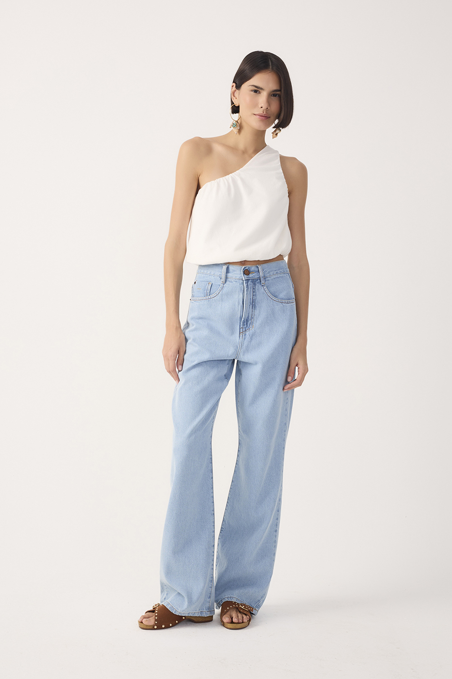 Light Denim Belt Loops Pockets Flare Pants_3