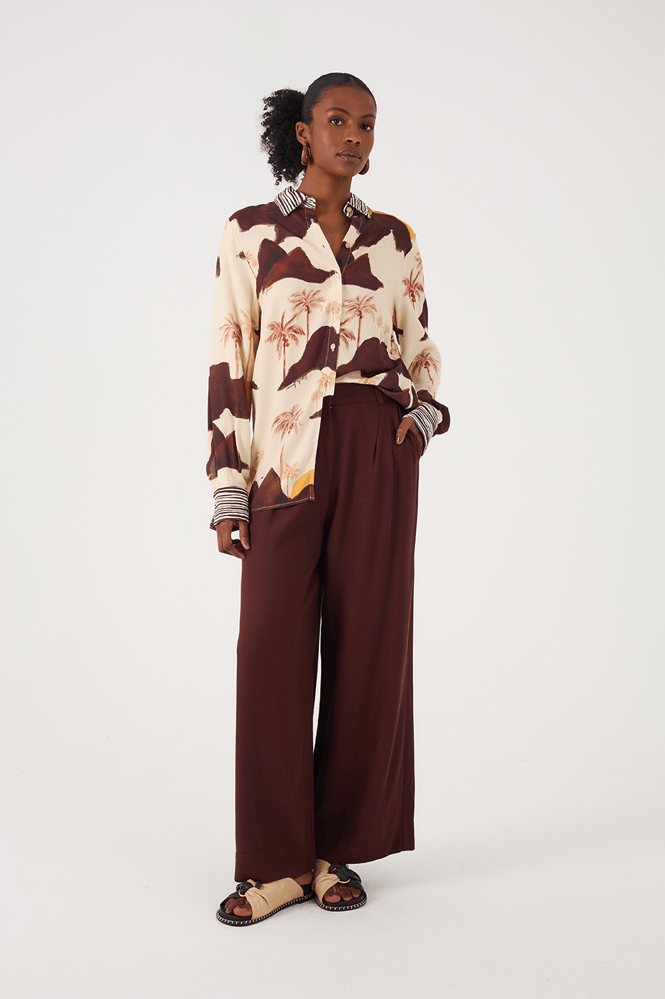 Brown Caffeine Buttoned Waist Side Pockets Tailored Pants