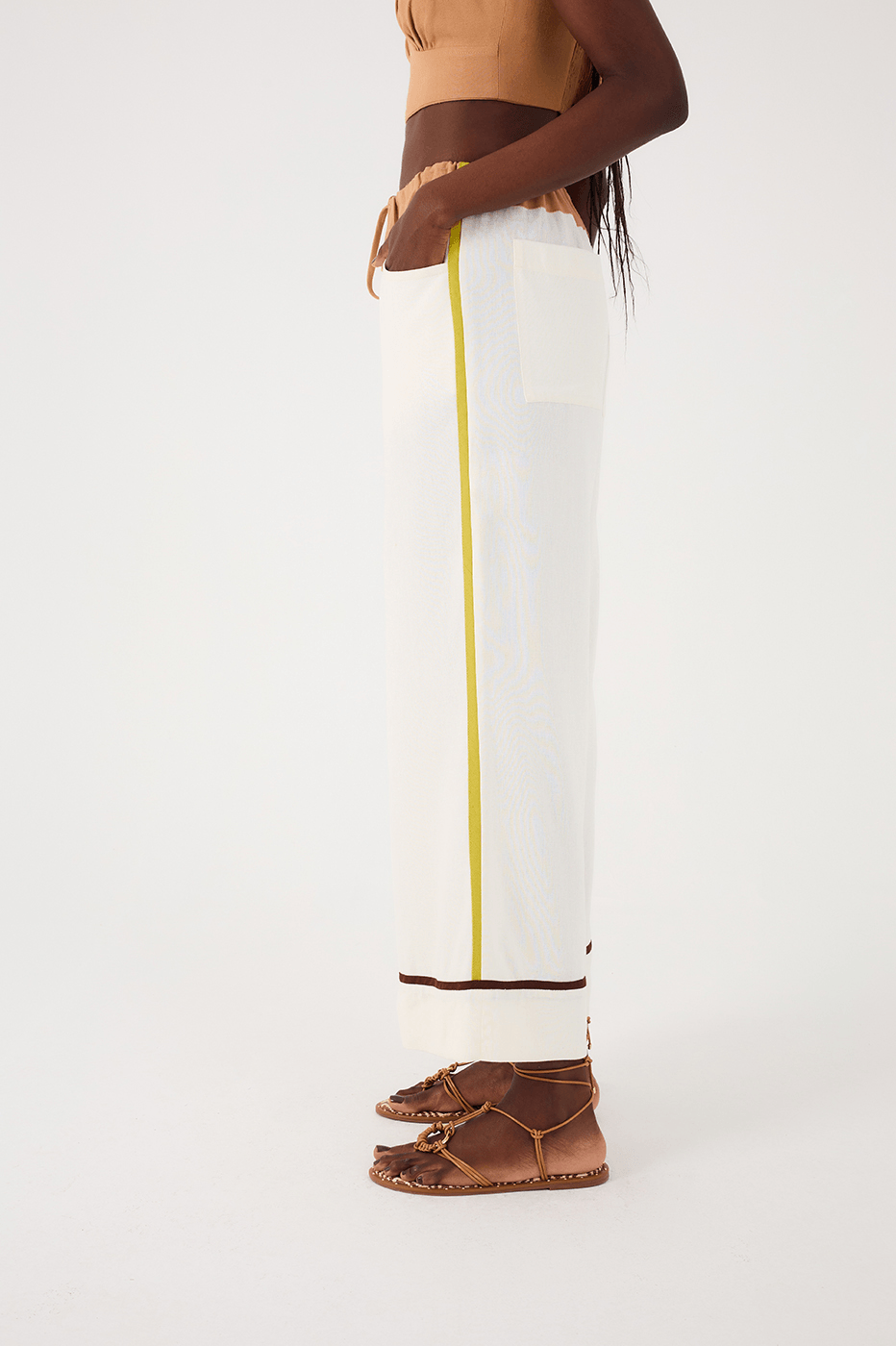 Off-White Drawstring Waist Colorful Trim Linen Pants