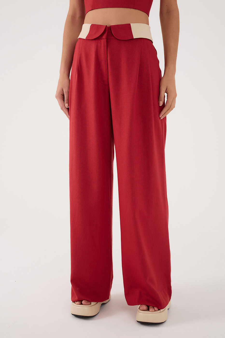 Brown And Off-White Flipped Waistline Side Pockets Linen Pants