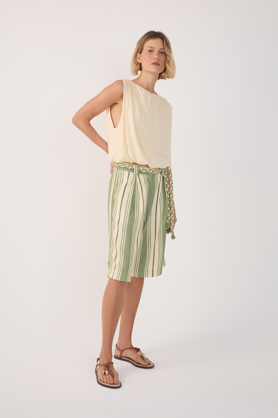 Green Descanso Stripes Linen Bermuda Shorts_2