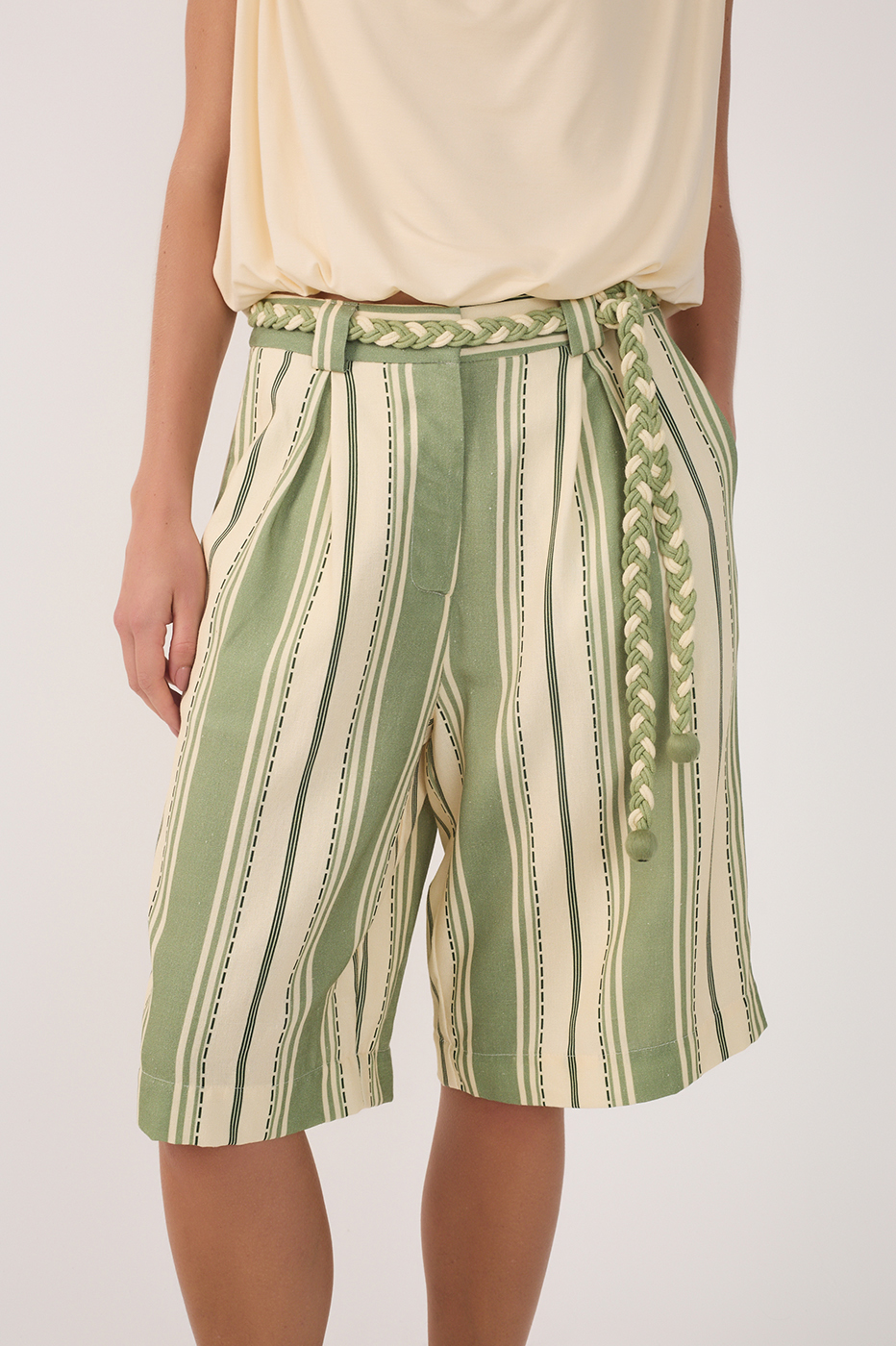 Green Descanso Stripes Linen Bermuda Shorts_3