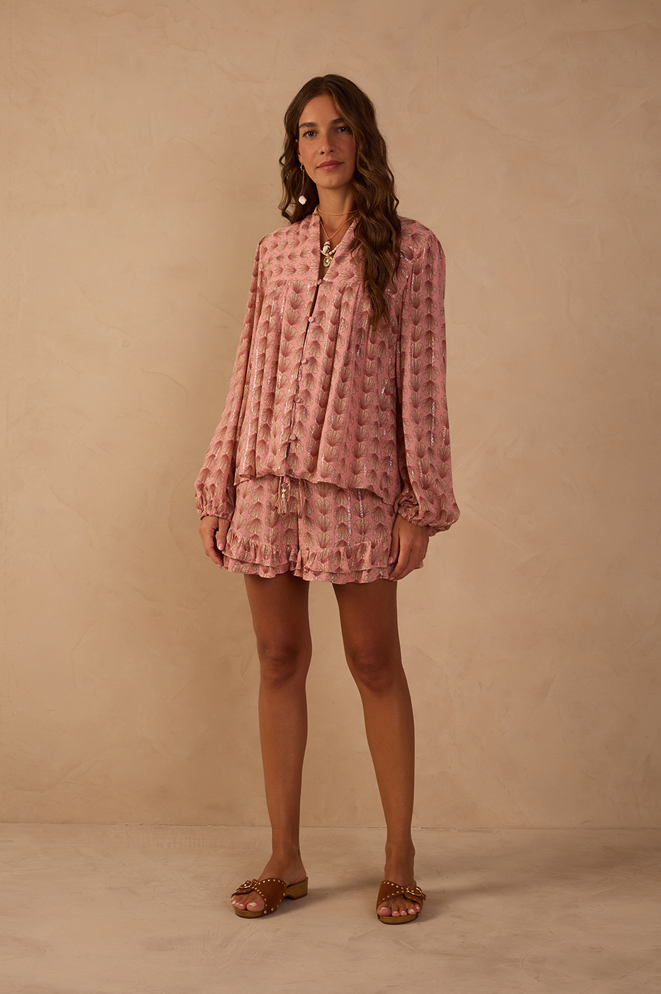 Pink Maresia Lurex Ruffled Shorts_1