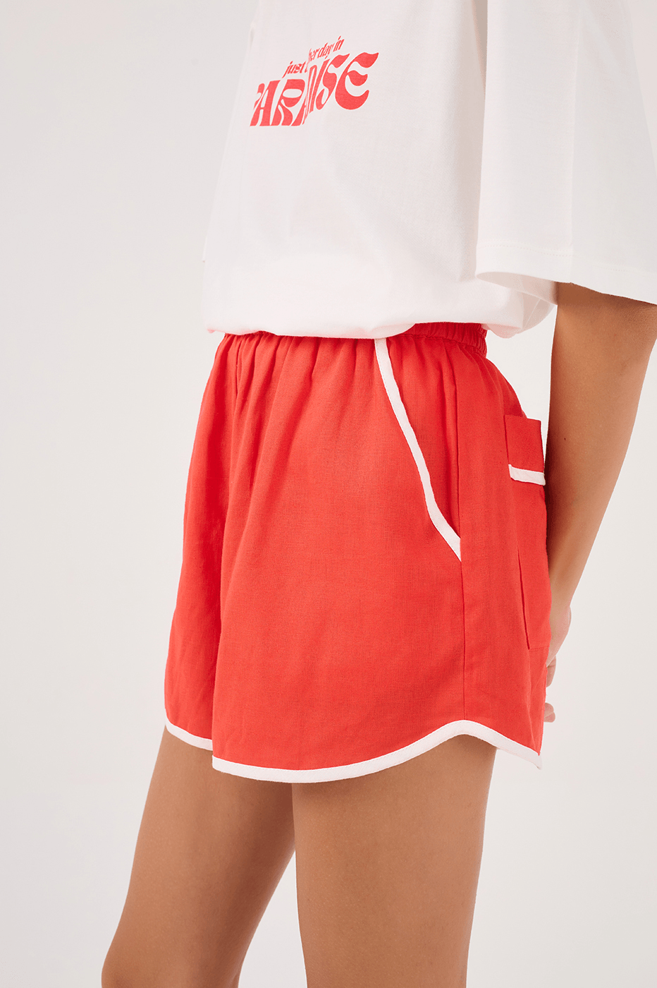 Red Elastic Waist Shorts with Contrast Piping