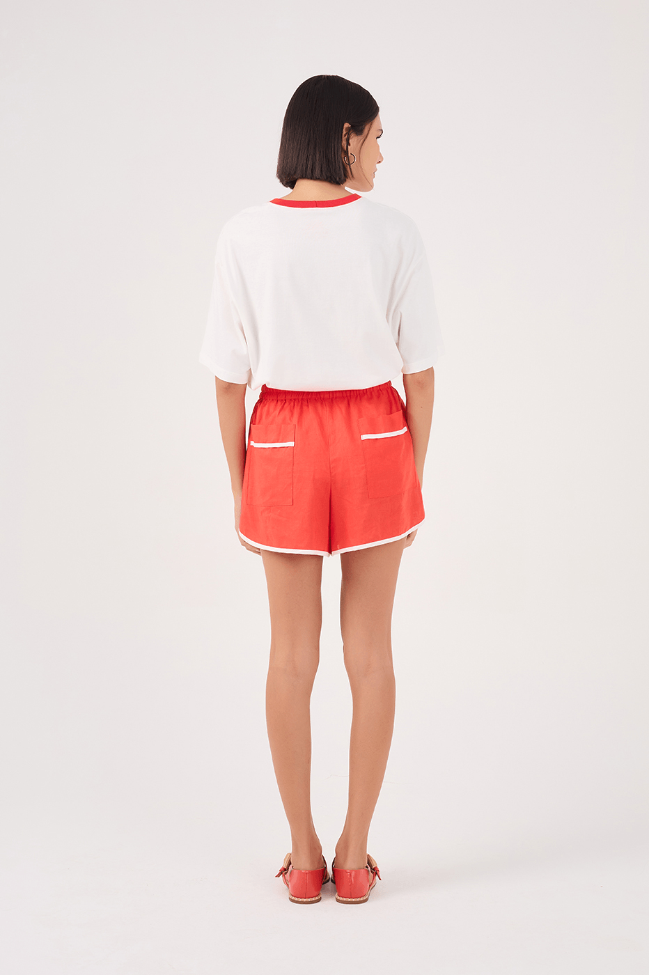 Red Elastic Waist Shorts with Contrast Piping_6