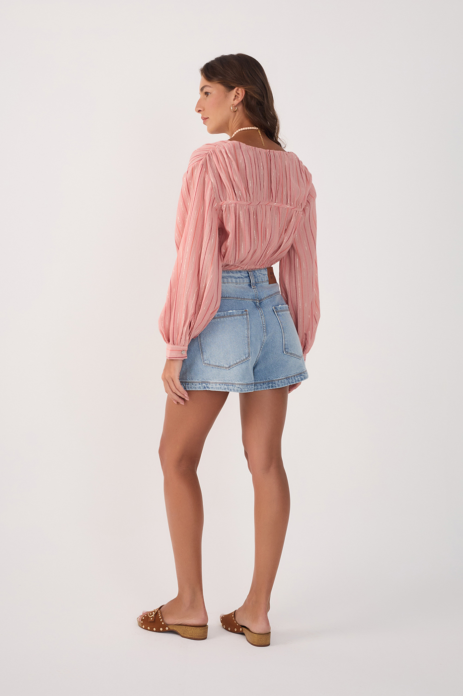 Denim Pockets Belt Loops Seam Shorts_6