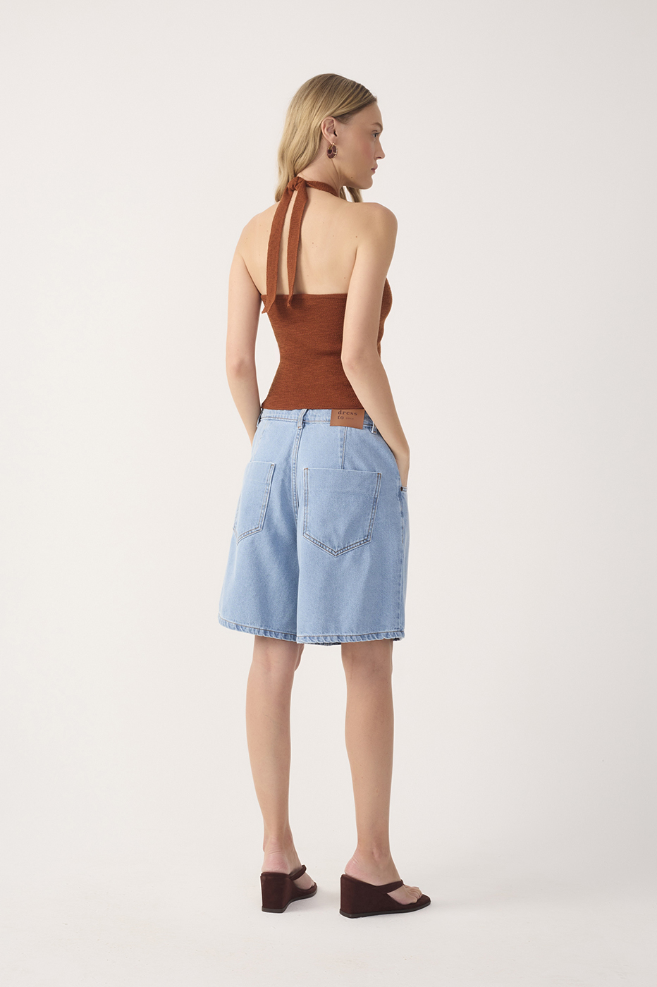 Denim Pleated Bermuda Shorts
