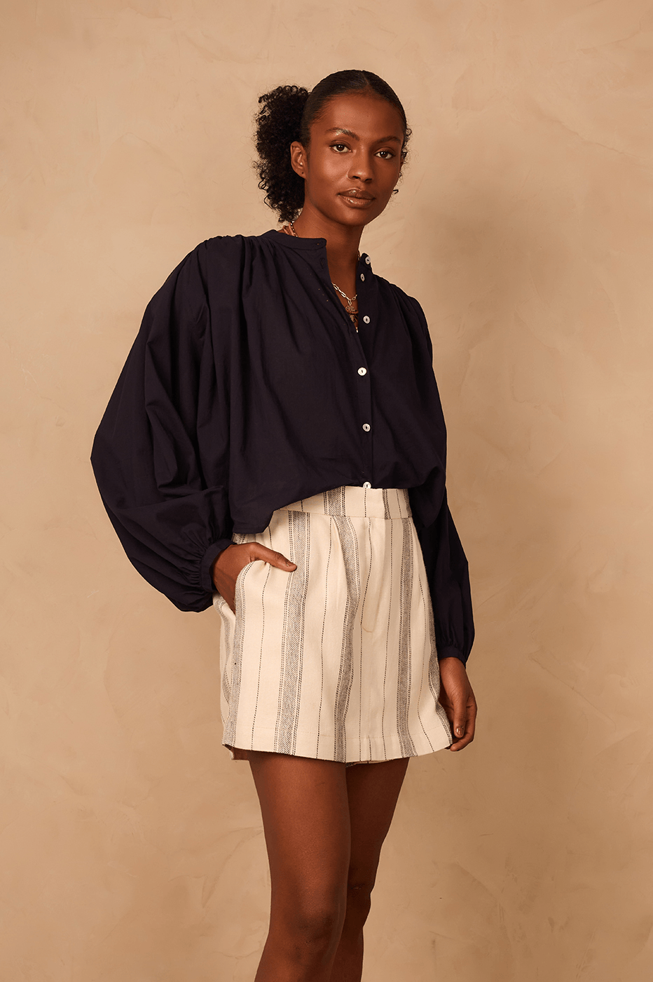 Sand Stripes Side Pockets Linen Skorts_1