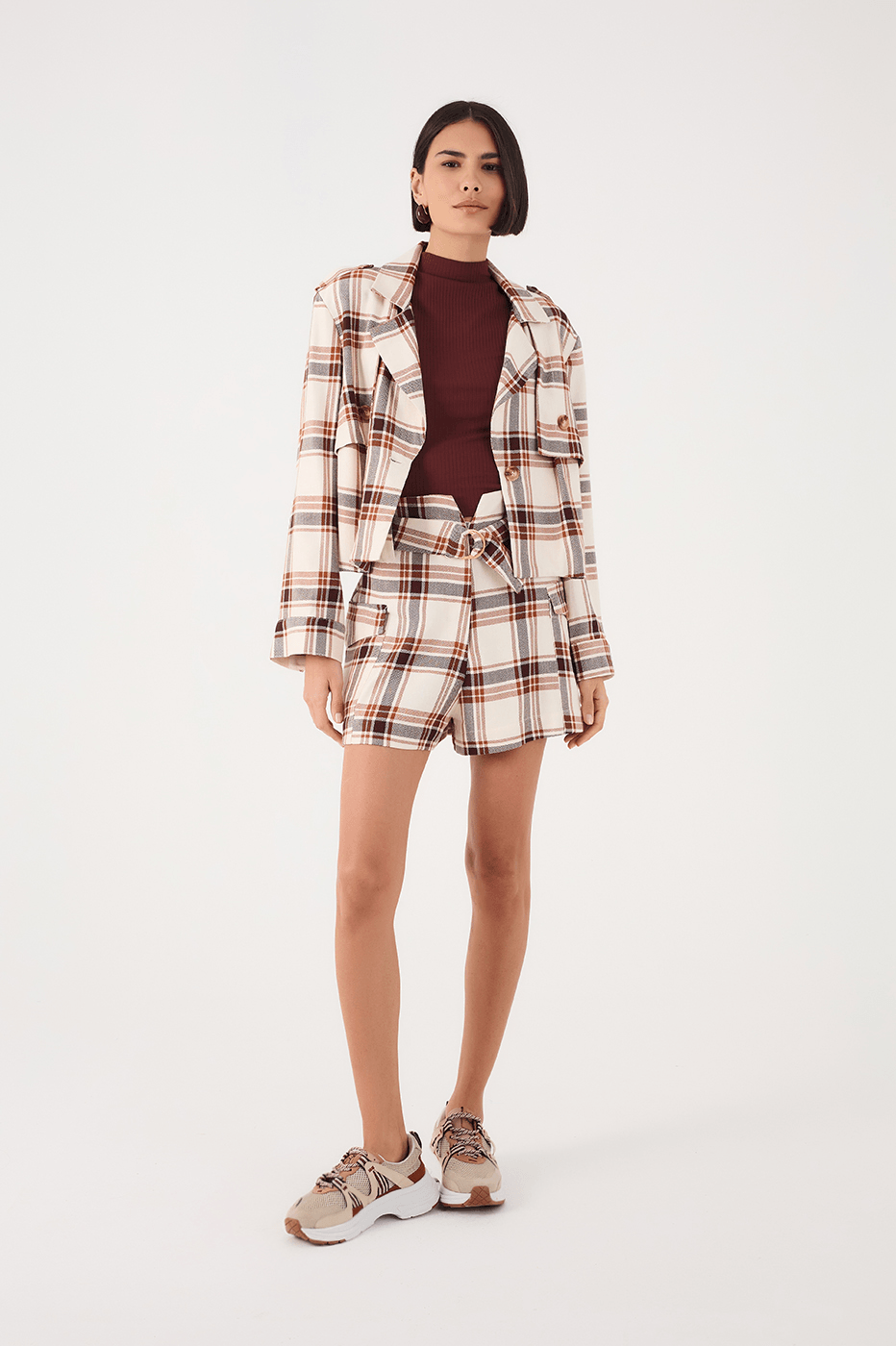Brown Plaid Buckled Belt Side Pockets Shorts