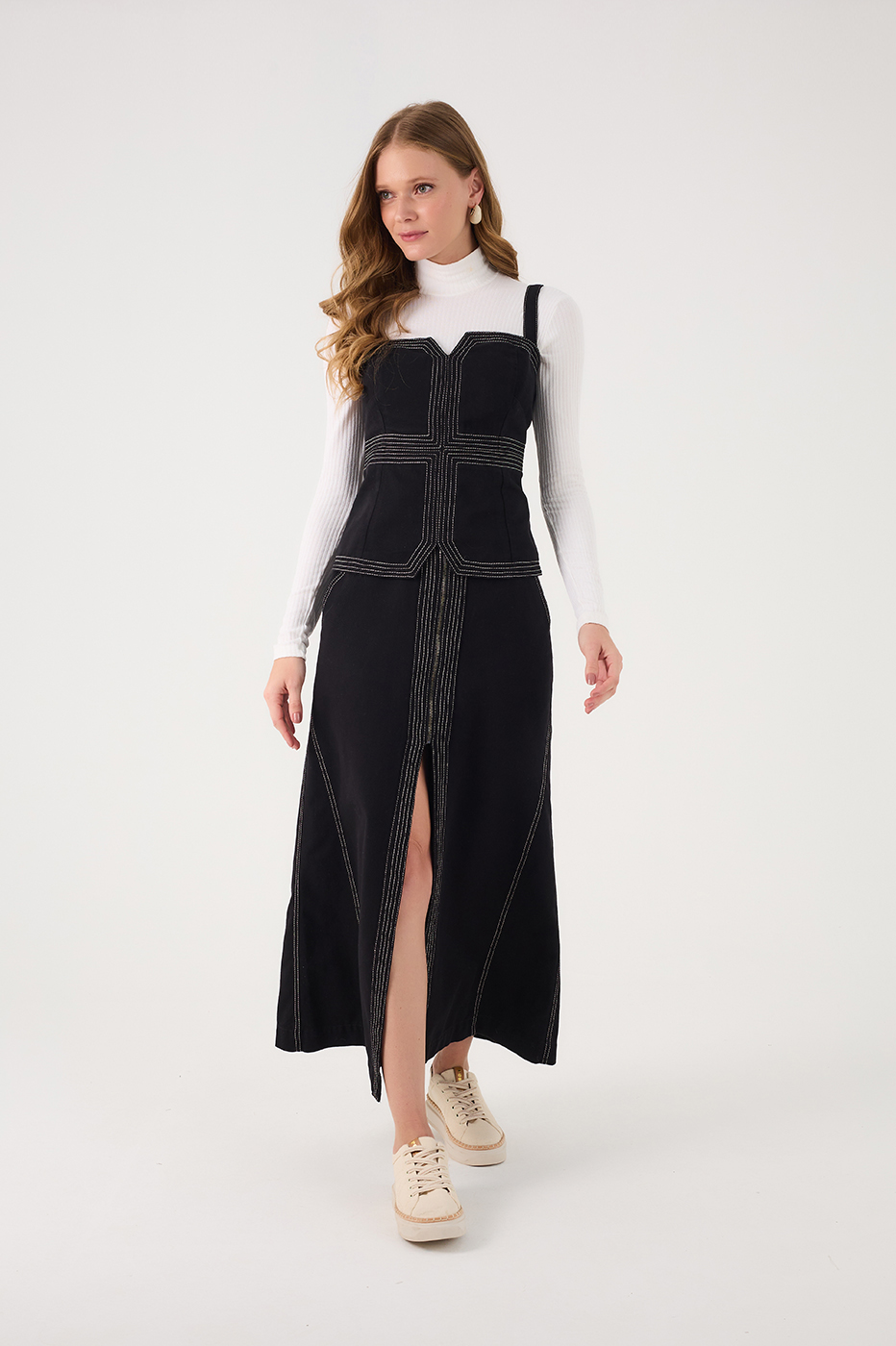 Black Front Slit Pockets Twill Maxi Skirt_2