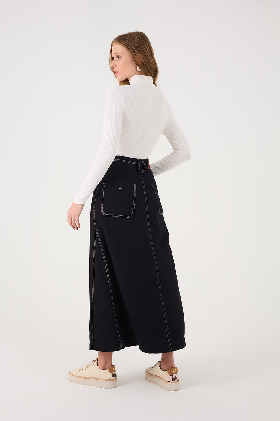 Black Front Slit Pockets Twill Maxi Skirt_7
