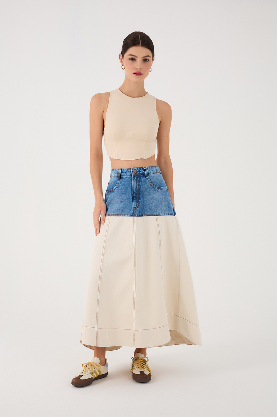 Denim Bicolor Pockets Twill Maxi Skirt