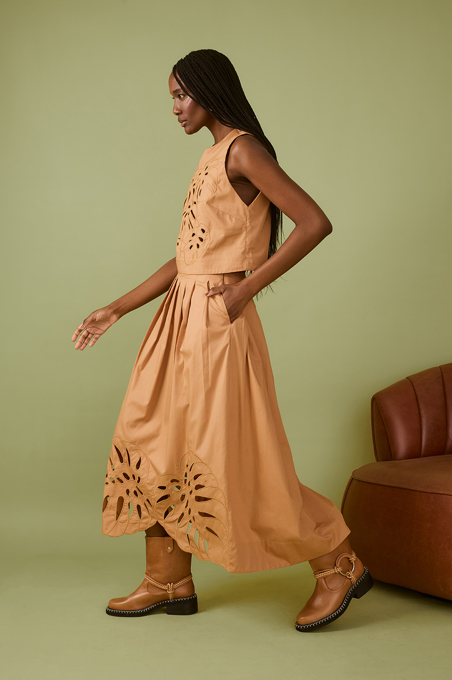 Beige Leme Folhagens Cut-Out Pleats Asymmetric Maxi Skirt