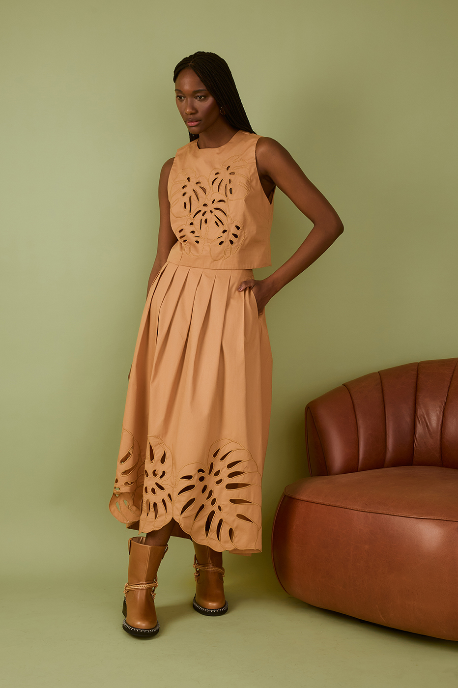 Beige Leme Folhagens Cut-Out Pleats Asymmetric Maxi Skirt