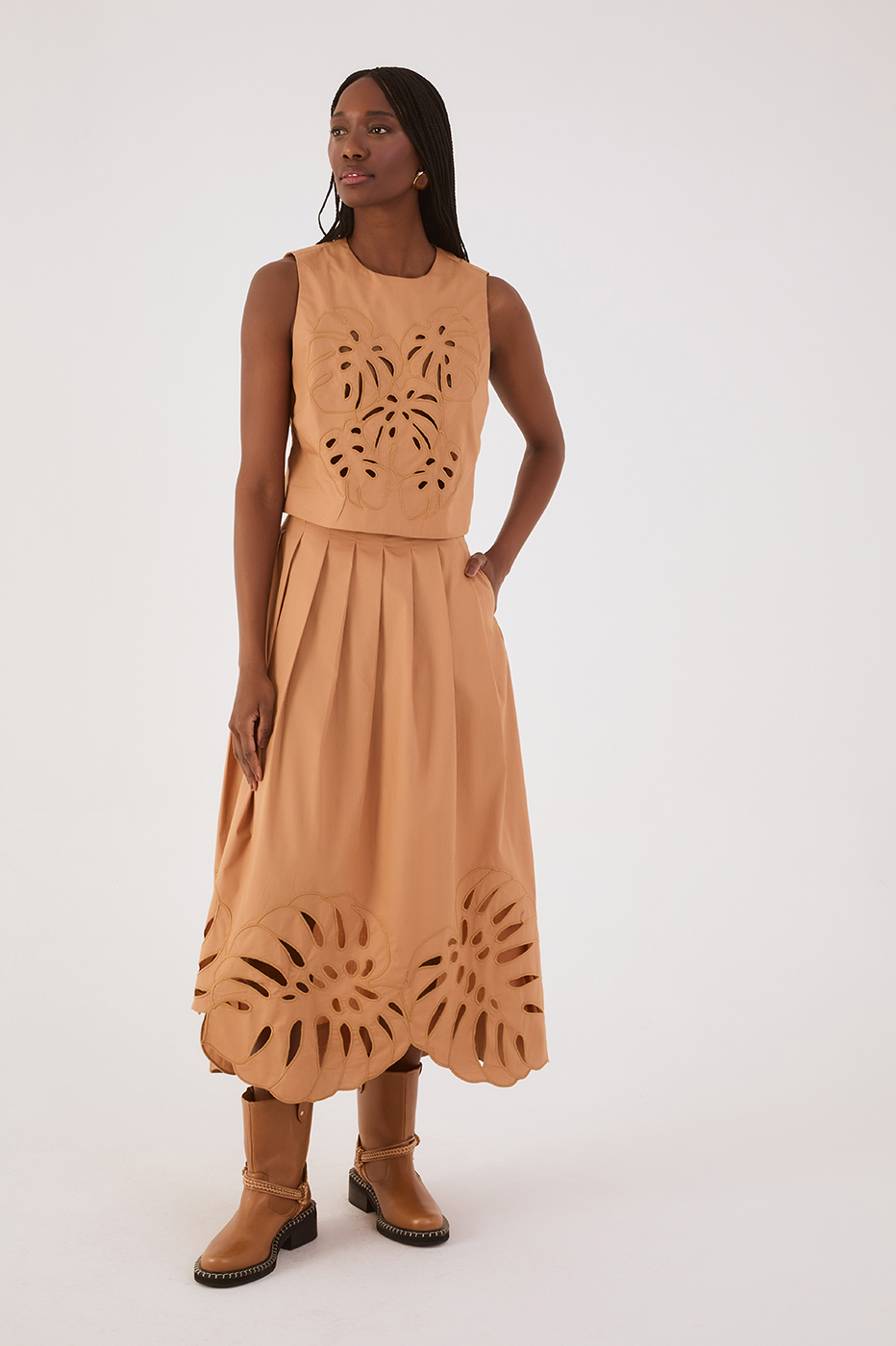 Beige Leme Folhagens Cut-Out Pleats Asymmetric Maxi Skirt