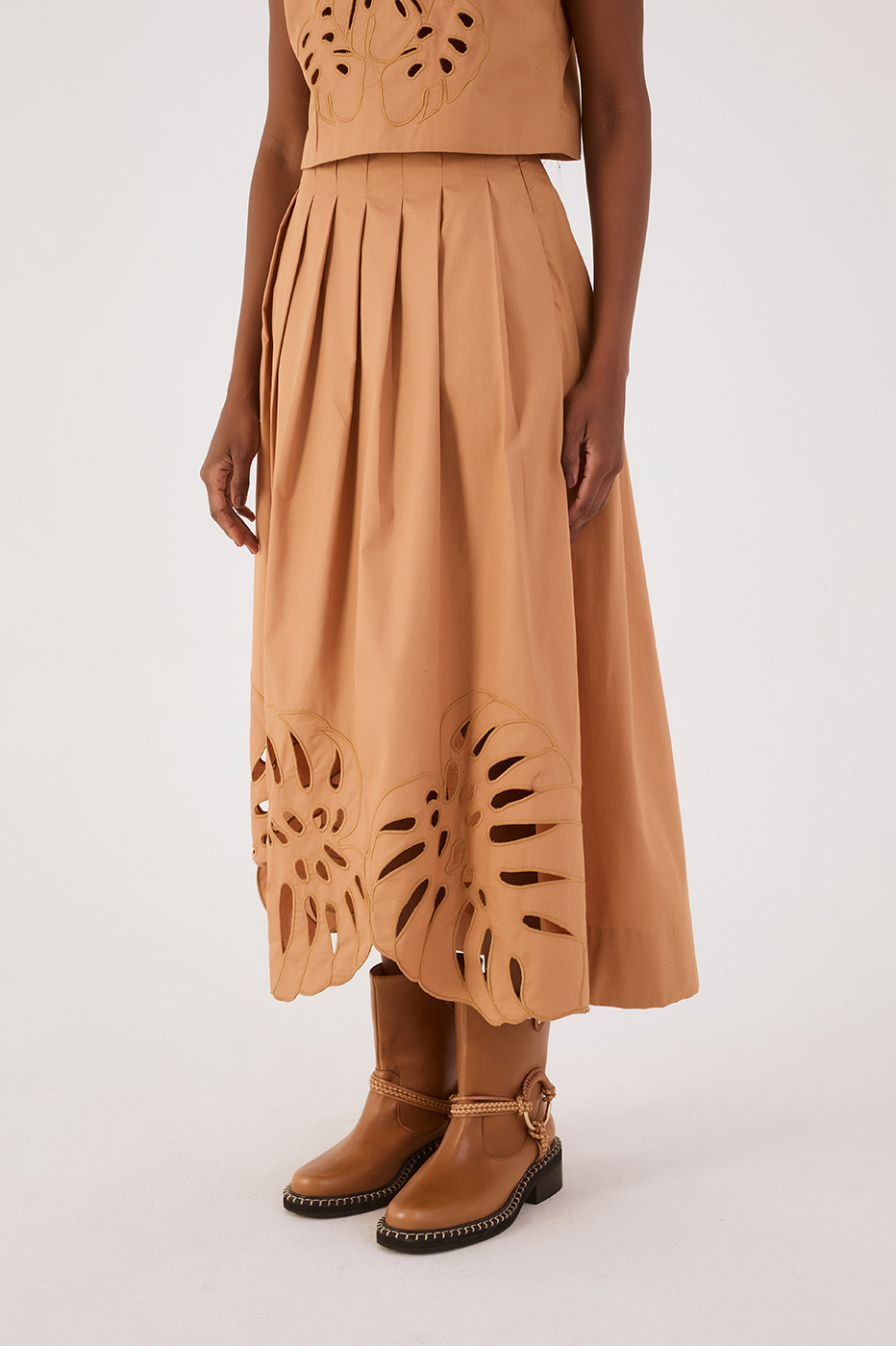 Beige Leme Folhagens Cut-Out Pleats Asymmetric Maxi Skirt