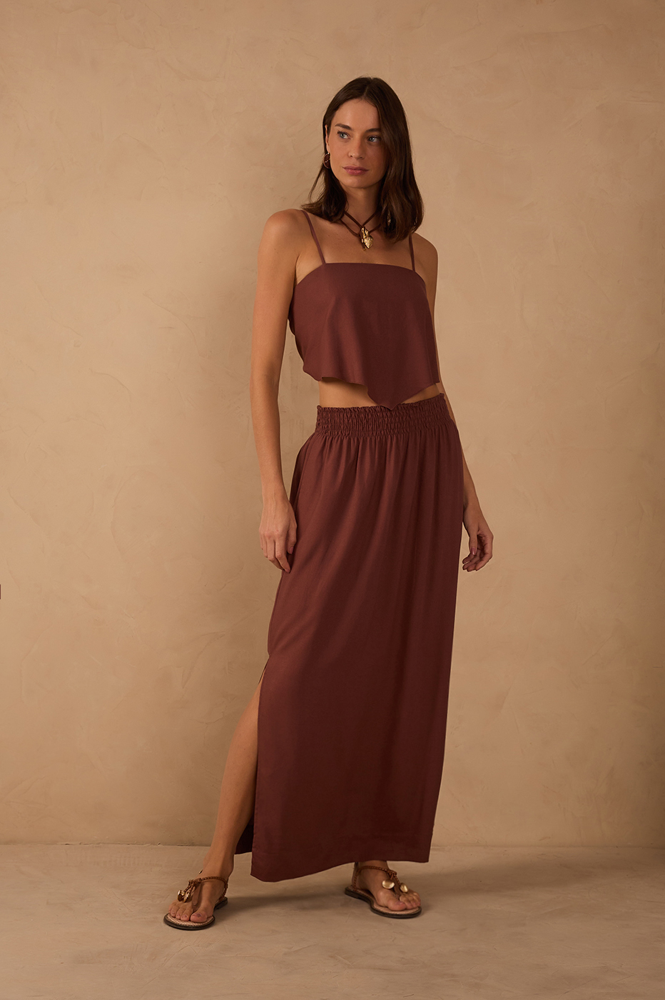 Linen Midi Smocked Waist Skirt_1