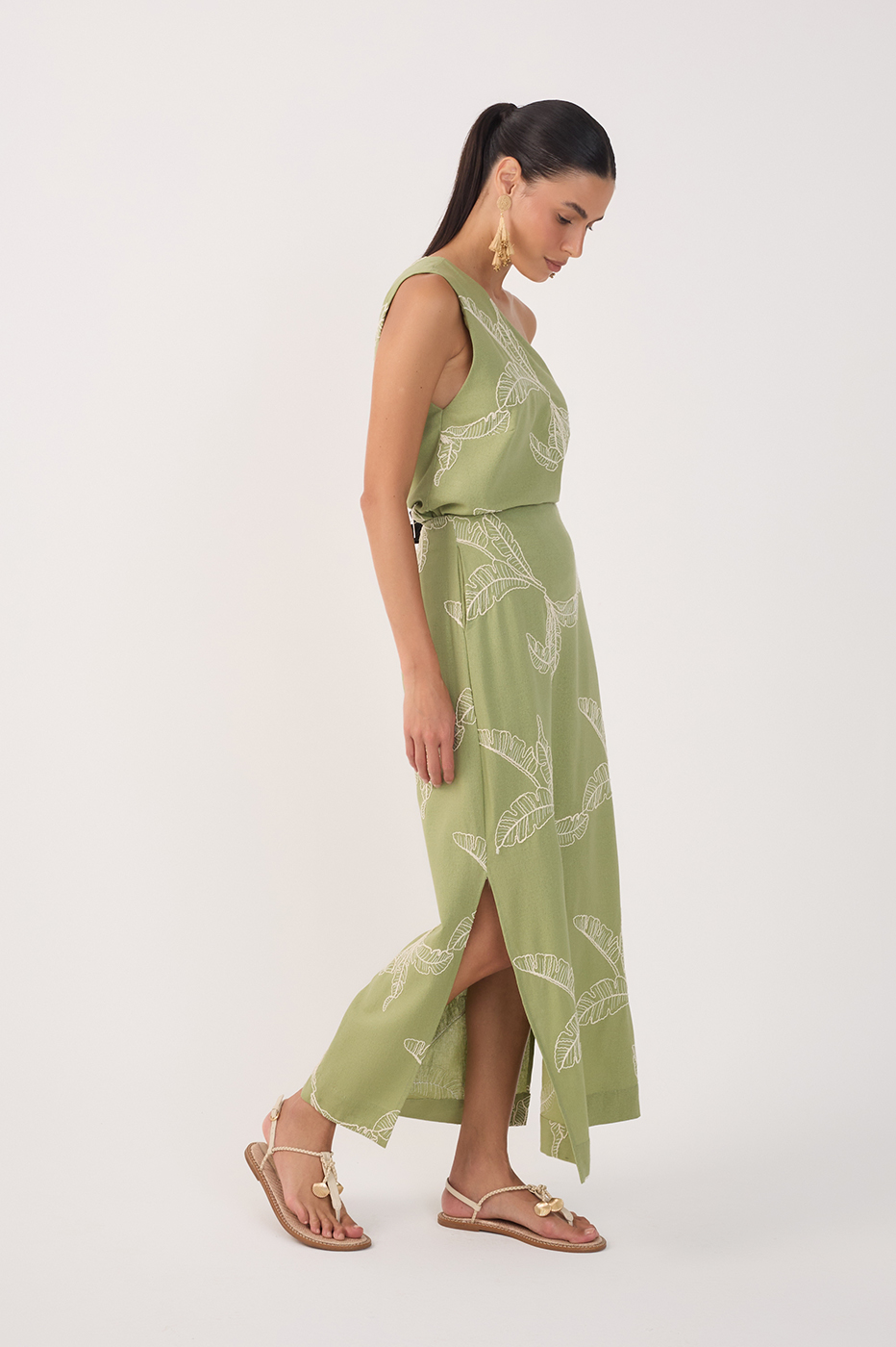 Green Embroidered Side Slits Maxi Skirt_4