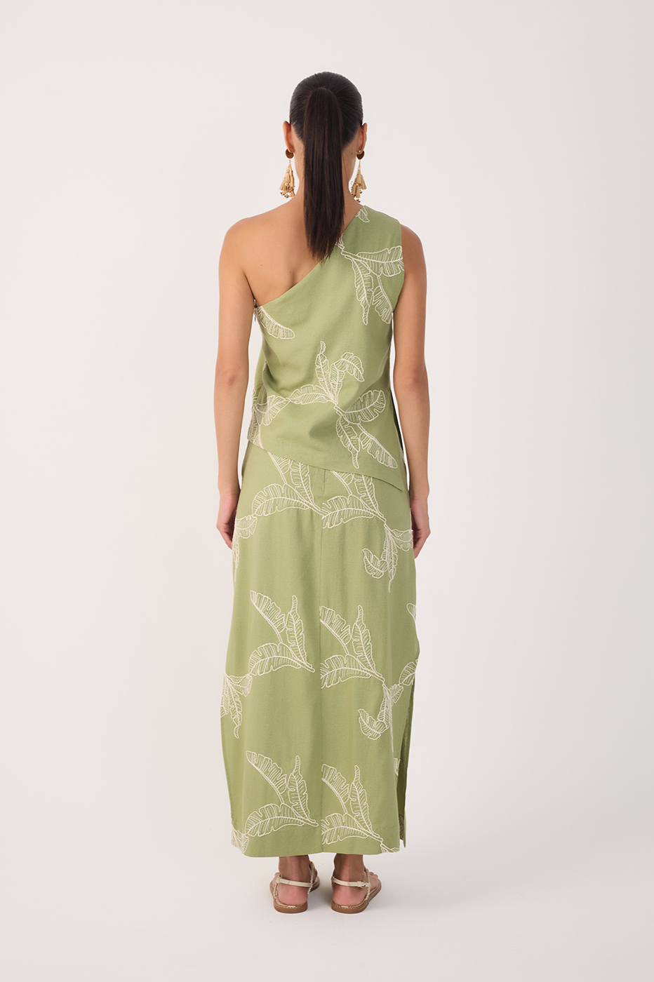 Green Embroidered Side Slits Maxi Skirt