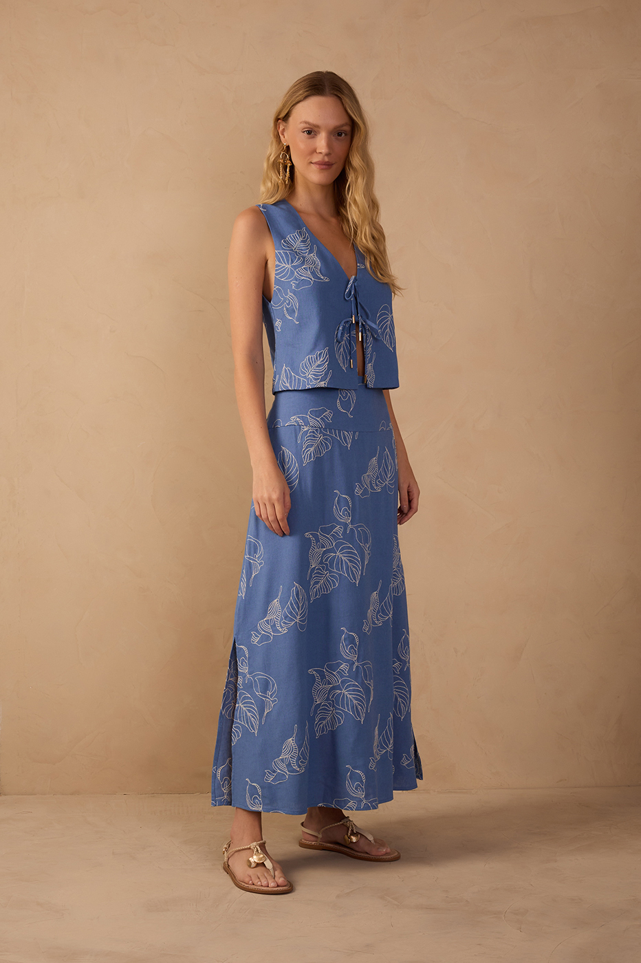 Blue Embroidered Slits Linen Midi Skirt