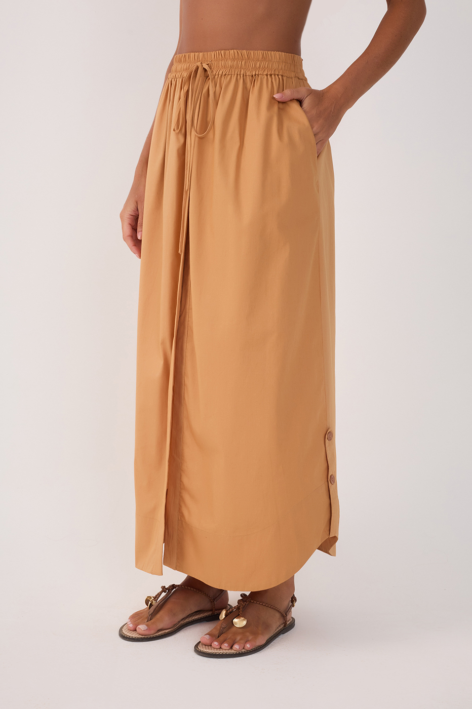 Beige Drawstring Side Slits Cotton Maxi Skirt_4