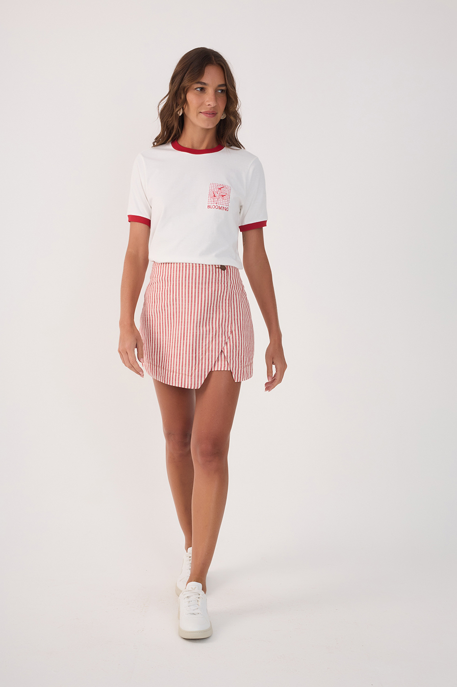 Red Stripes Buttoned Asymmetric Skorts