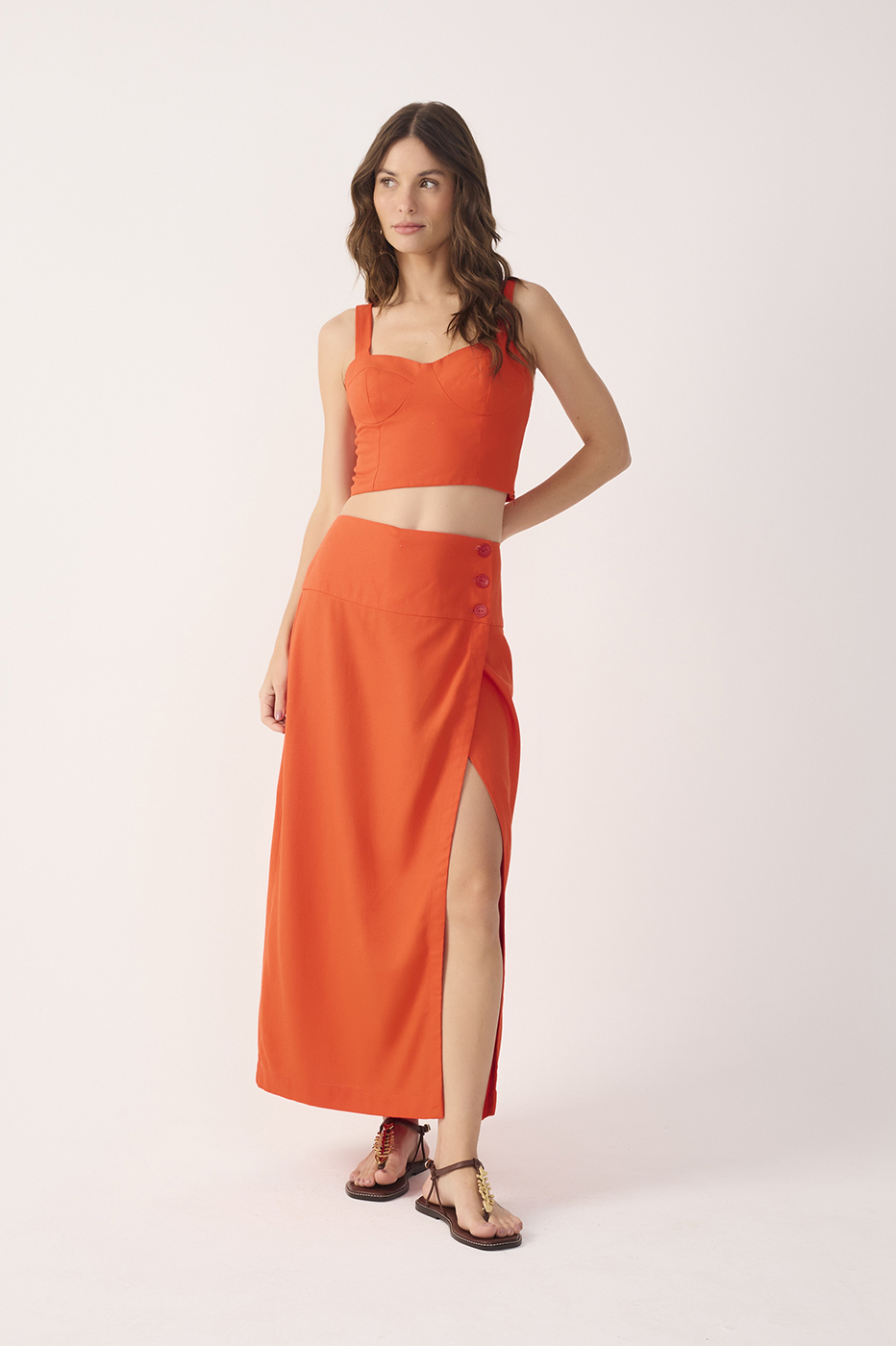 Red Buttoned Front Slit Linen Midi Skirt_2