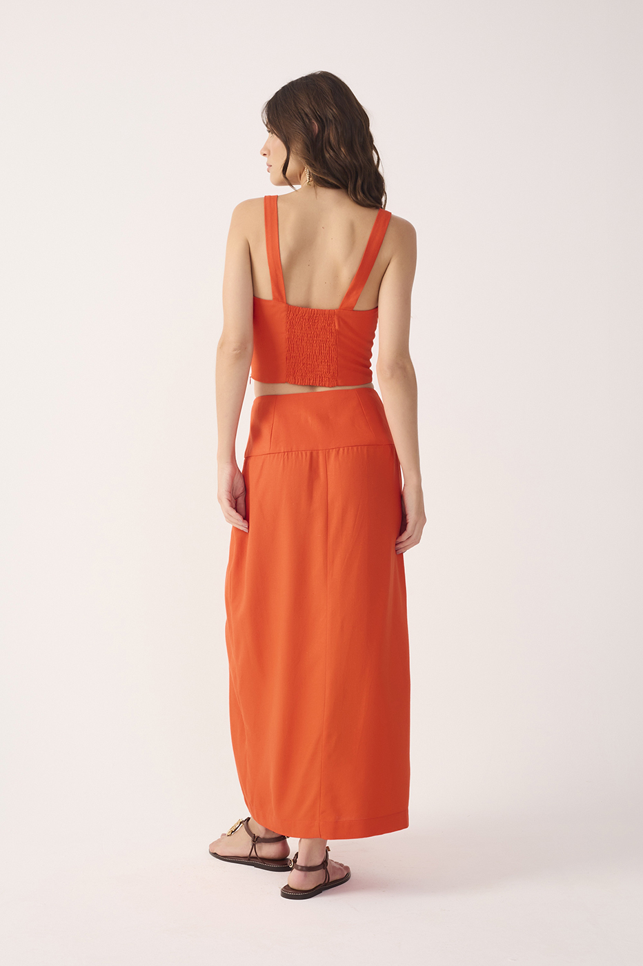Red Buttoned Front Slit Linen Midi Skirt_6